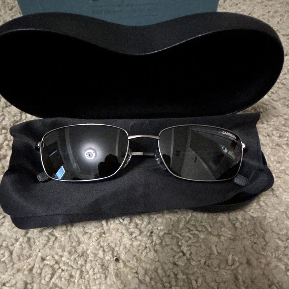 Carrera Men's Rectangle Sunglasses Silver Metal Frame Gray Tinted Lenses w/Case